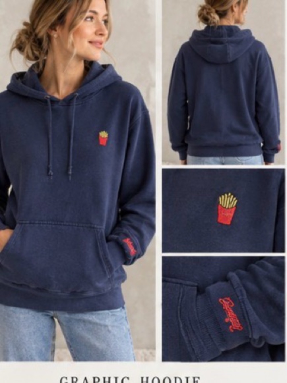 Uniqlo Navy Zip-Up Hoodie with Embroidered Fries Patch